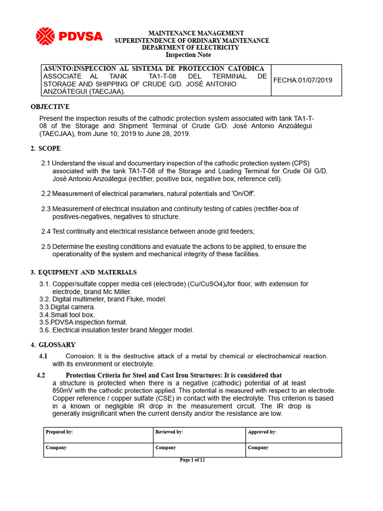 Inspection Note For Cathodic Protection System Tank 08 | PDF ...