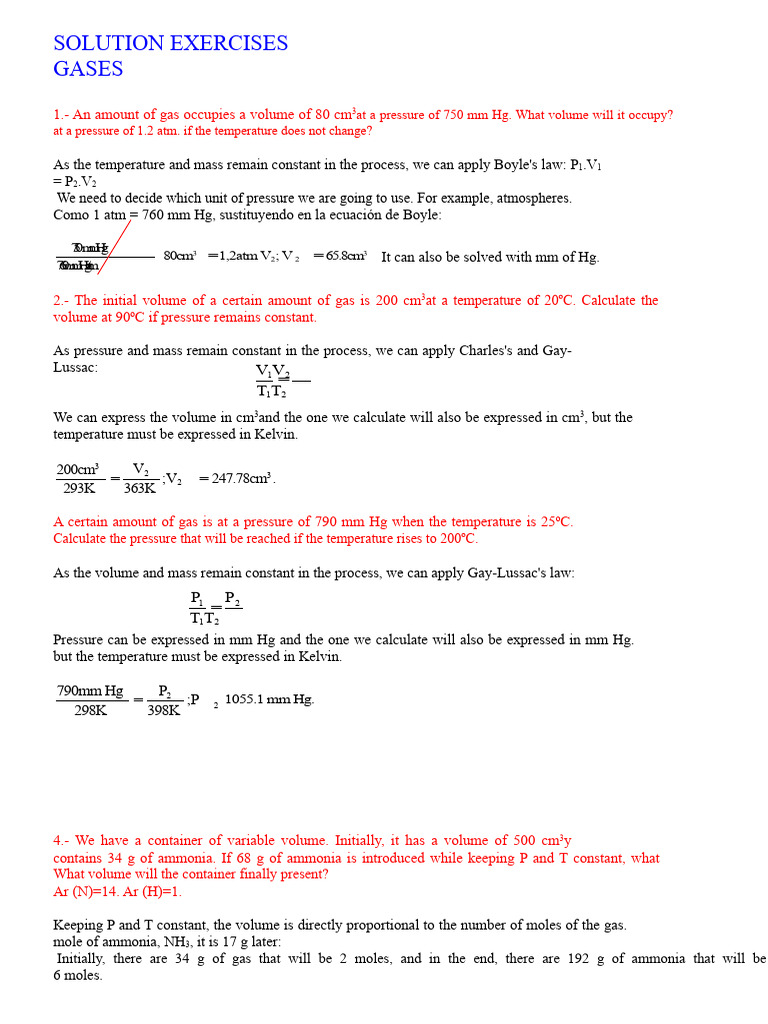 Gas Law Calculations and Exercises | PDF | Gases | Mole (Unit)