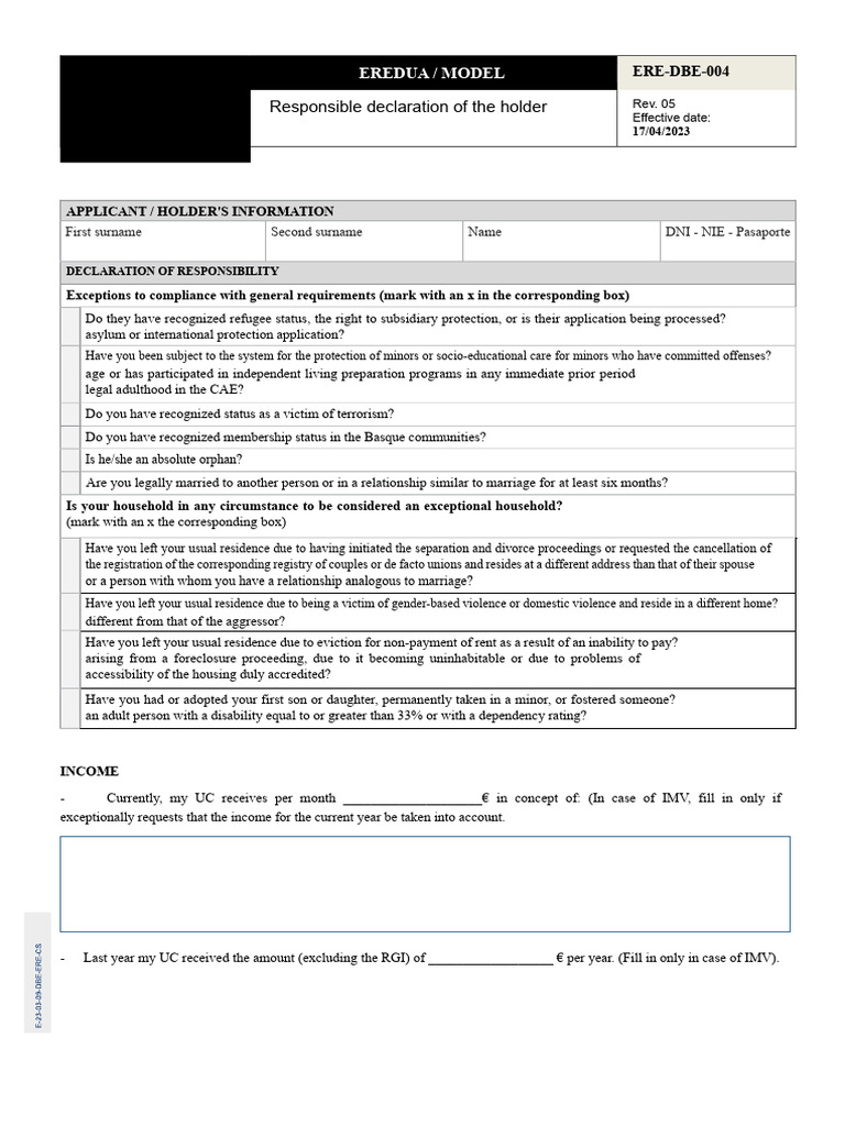 ERE-DBE-004: Income Support Declaration | PDF | Marriage | Real Property