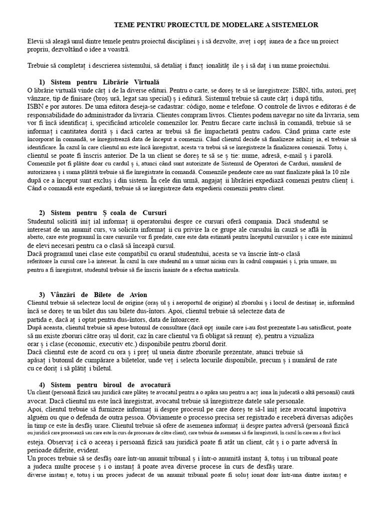 Teme Pentru Proiectul de Modelare A Sistemelor | PDF