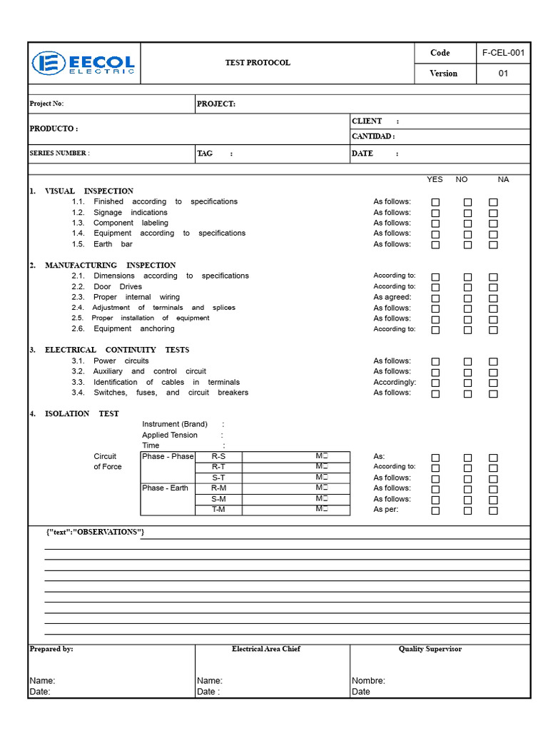 Electrical Inspection Test Protocol | PDF | Electrical Wiring | Fuse ...