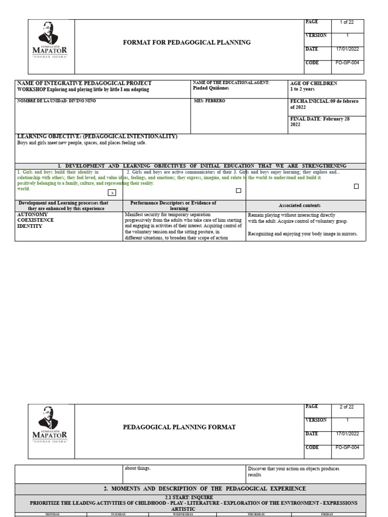 Fo - GP - 004 - Format of Pedagogical Planning Walkers New | PDF
