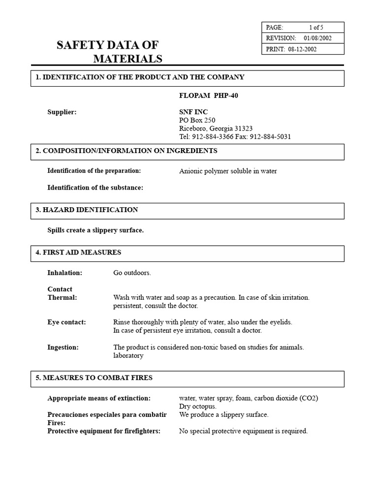 Safety Data Sheet for FLOPAM PHP-40 | PDF | Toxicity | Waste
