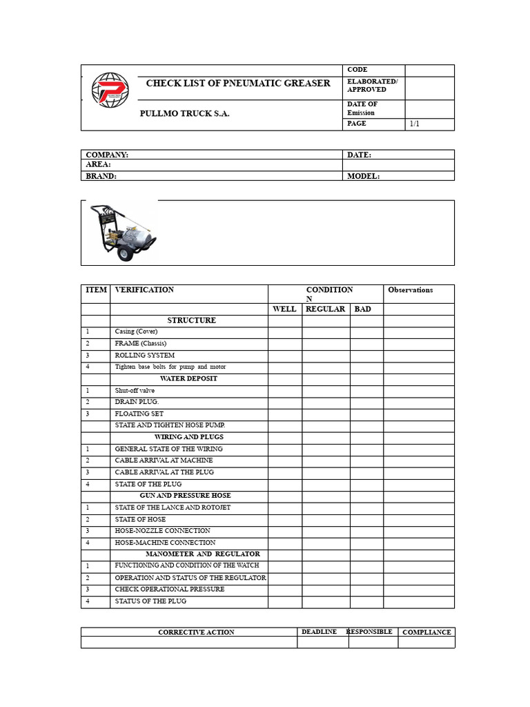 Pneumatic Greaser Checklist for Trucks | PDF