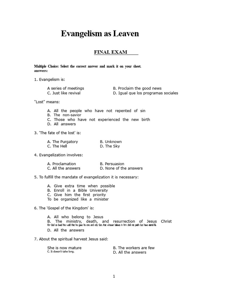 Final Exam Evangelism As Yeast | PDF | Jesus | Disciple (Christianity)