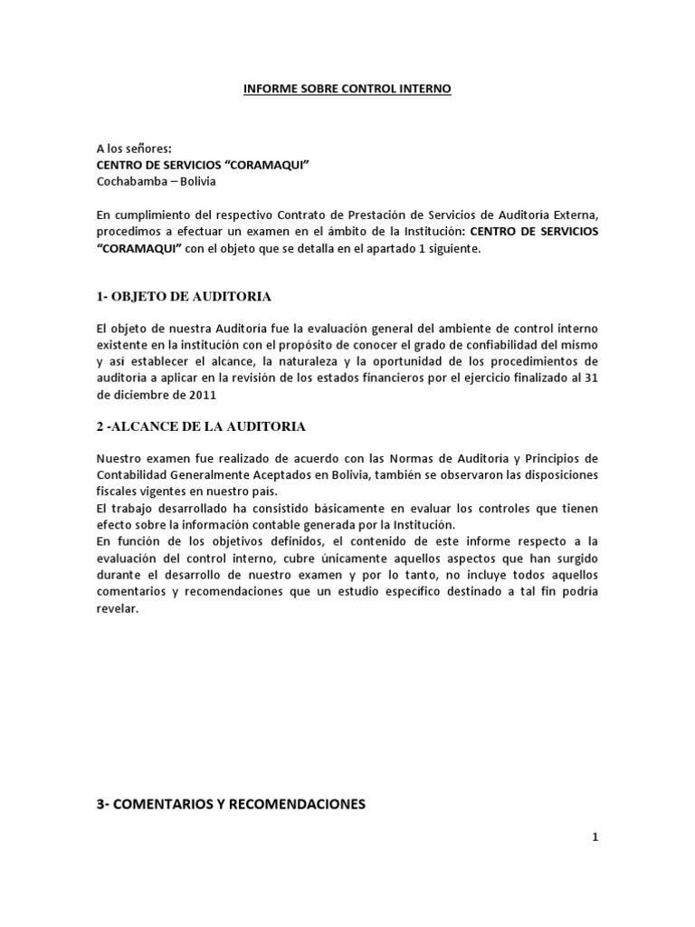 Informe de Control Interno CORAMAQUI | PDF | Auditoría financiera ...