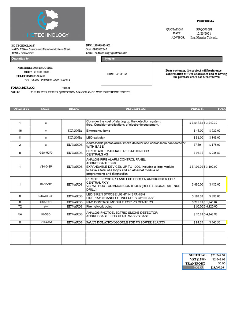Proforma PR001681 Fire Systems | PDF | Safety | Equipment