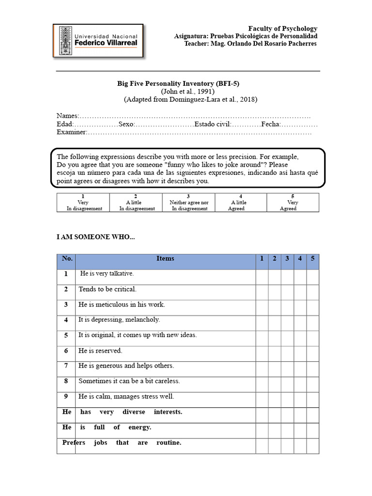 Big Five Personality Test BFI-5 | PDF | Human Development | Behavioural ...