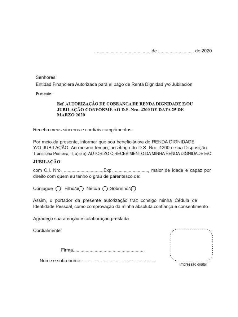 Autorização para Recebimento de Renda Dignidade | PDF