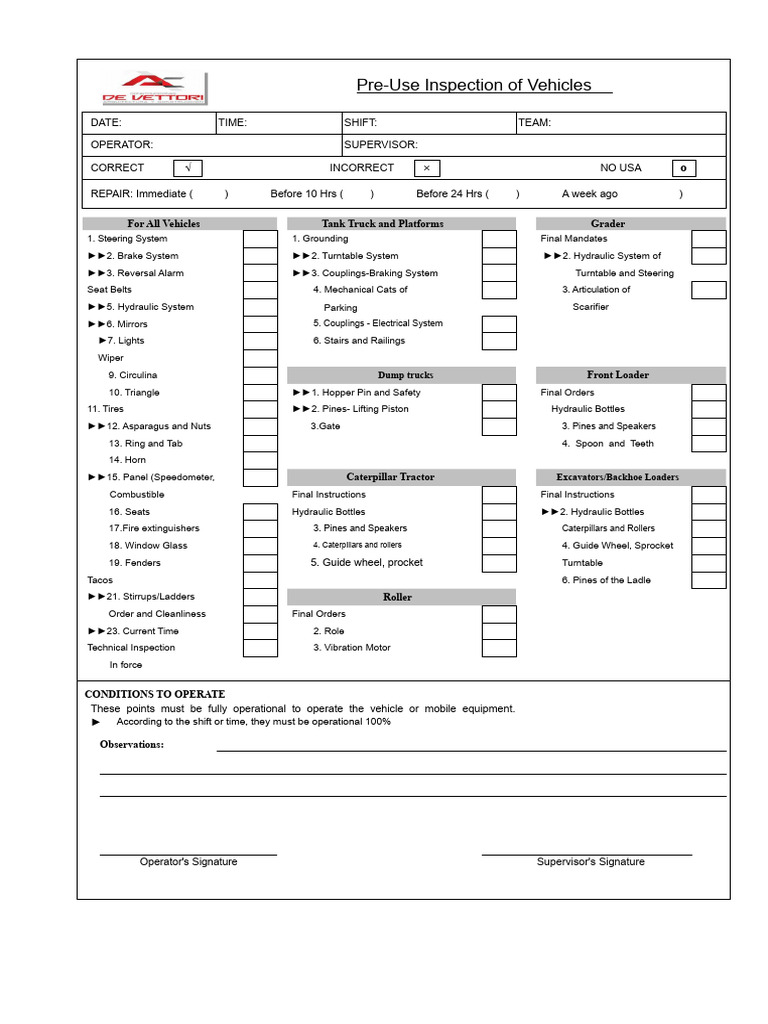Vehicle Pre-Use Inspection Checklist | PDF | Loader (Equipment) | Vehicles