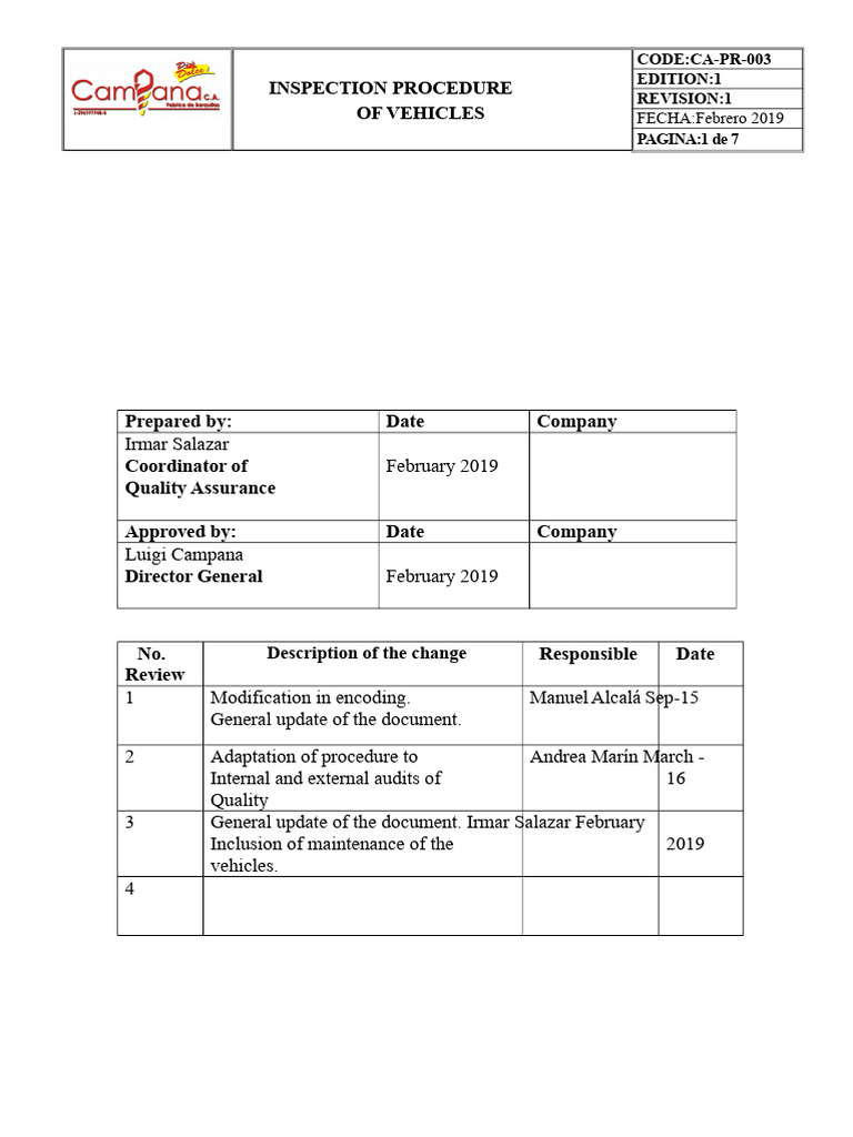 CA-pr-003 Vehicle Inspection Procedure | PDF | Transport