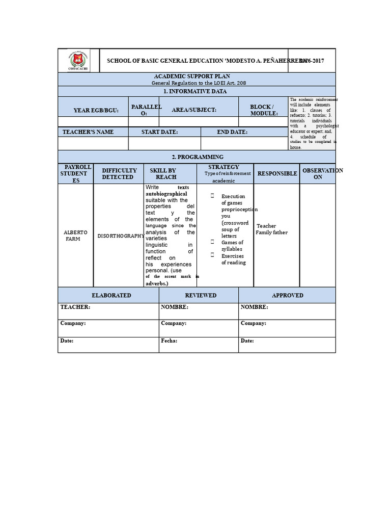 Academic Reinforcement Plan Example 1 | PDF | Linguistics
