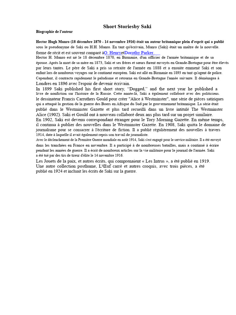 Biographie de Saki et ses nouvelles | PDF | Saki