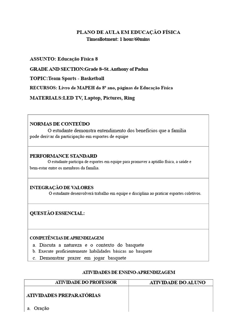 Plano de Aula em Educação Física Demonstração Final | PDF