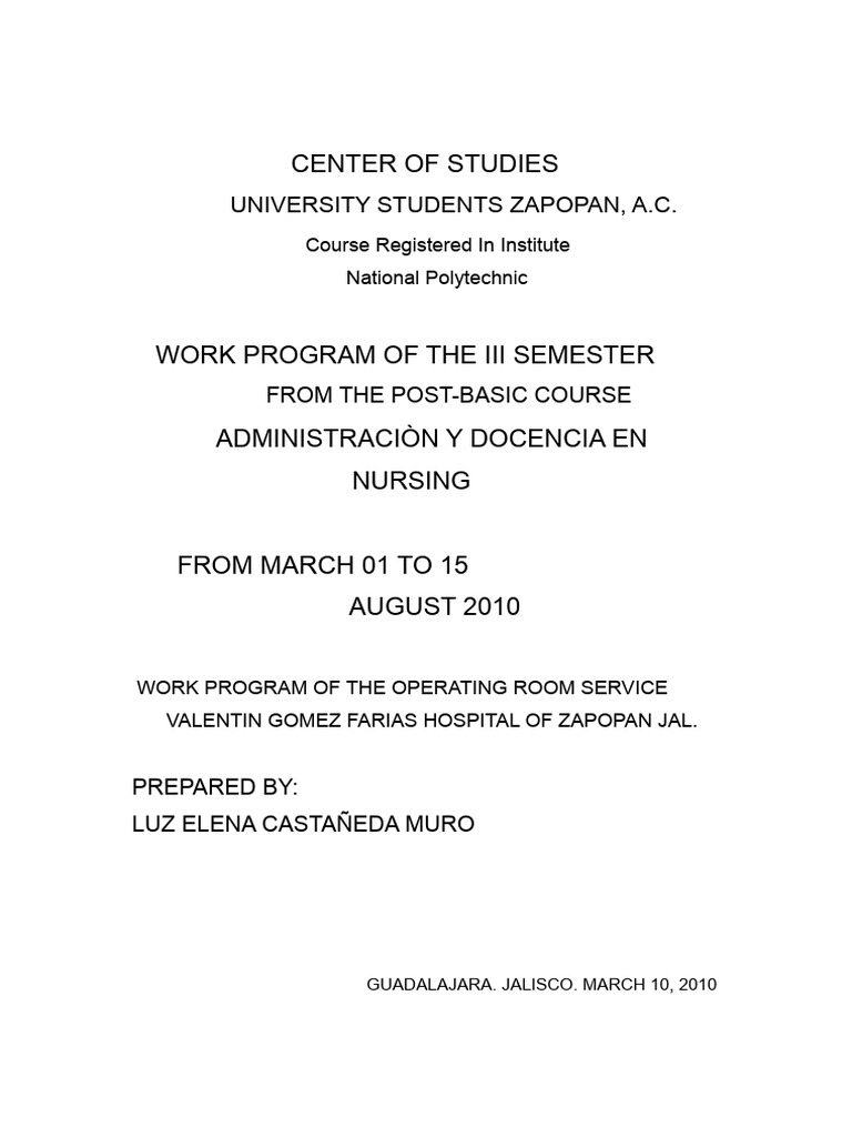 Nursing Administration Work Program 2010 | PDF | Nursing | Hospital