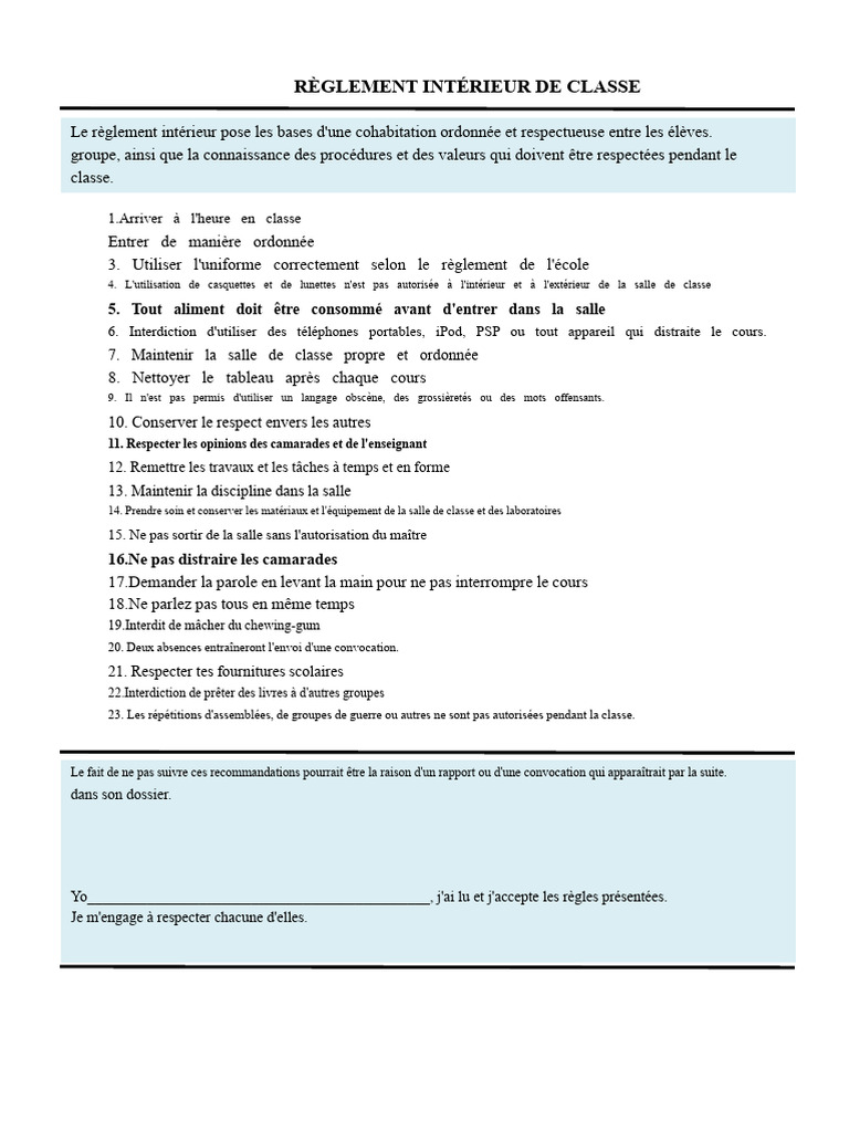 Règlement Intérieur de Classe : Règles et Évaluations | PDF