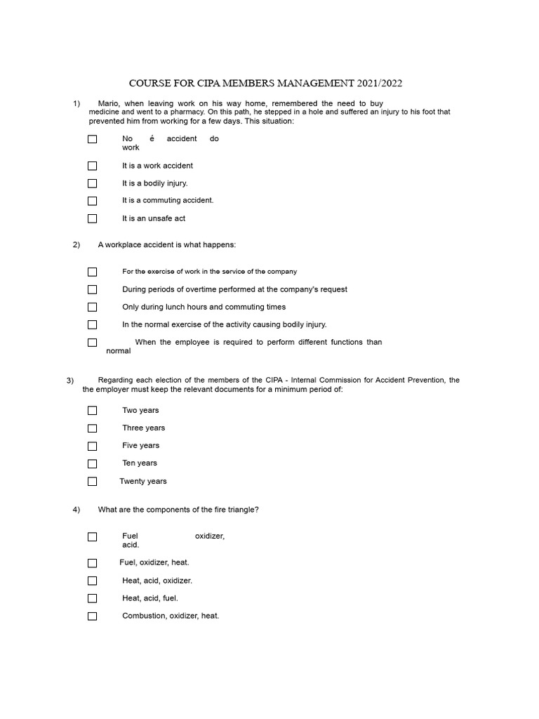CIPA Course Exam - Answer Key | PDF | Occupational Safety And Health | Risk