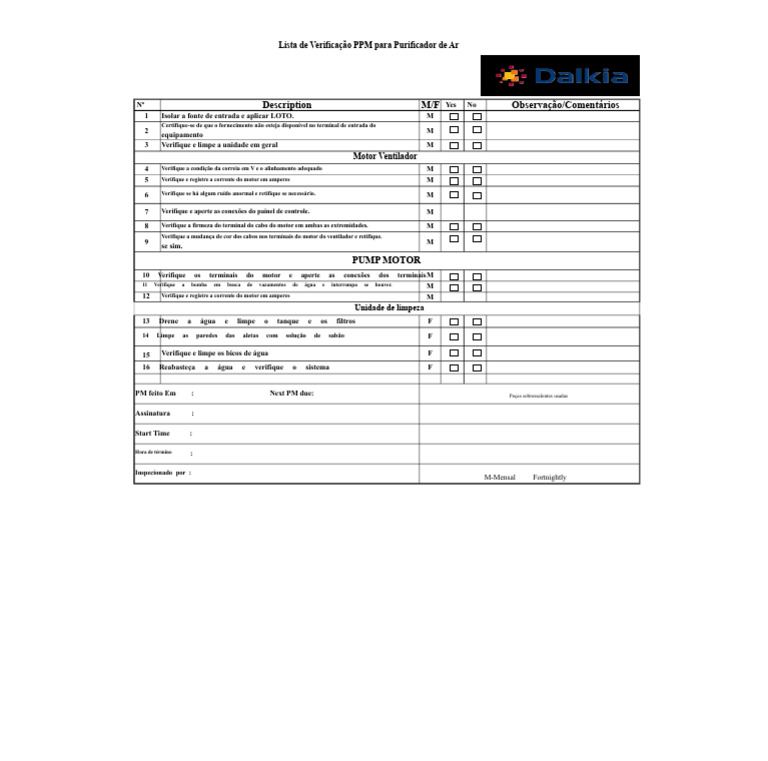 Checklist PPM para Purificador de Ar | PDF | Motores