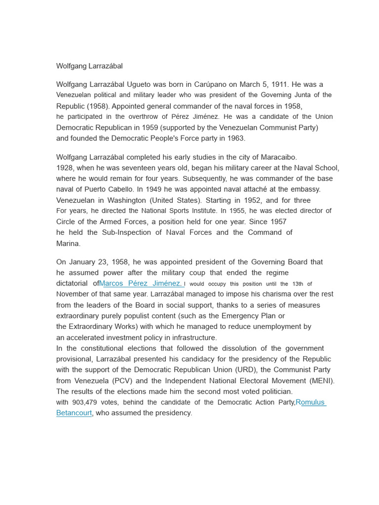 Wolfgang Larrazábal: Venezuelan Leader | PDF | Politics Of Venezuela ...