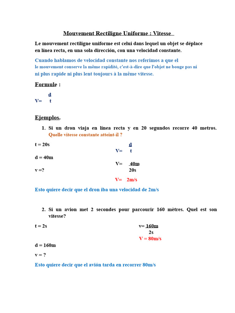 Mouvement Rectiligne Uniforme : Vitesse et Formules | PDF | Vitesse ...