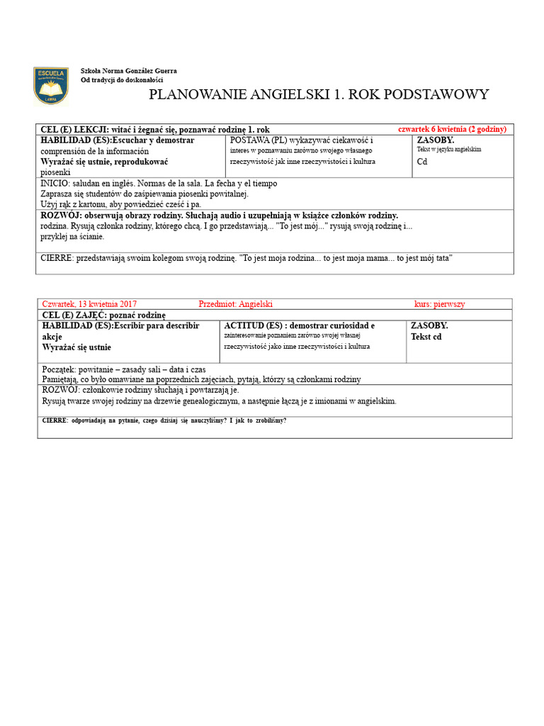 Plan Angielski 1 Rok Pierwsza I Druga Lekcja | PDF
