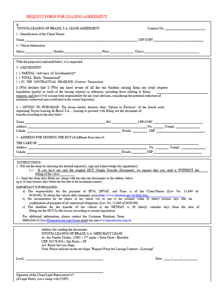 Toyota Leasing Request Form | PDF | Lease | Business Law