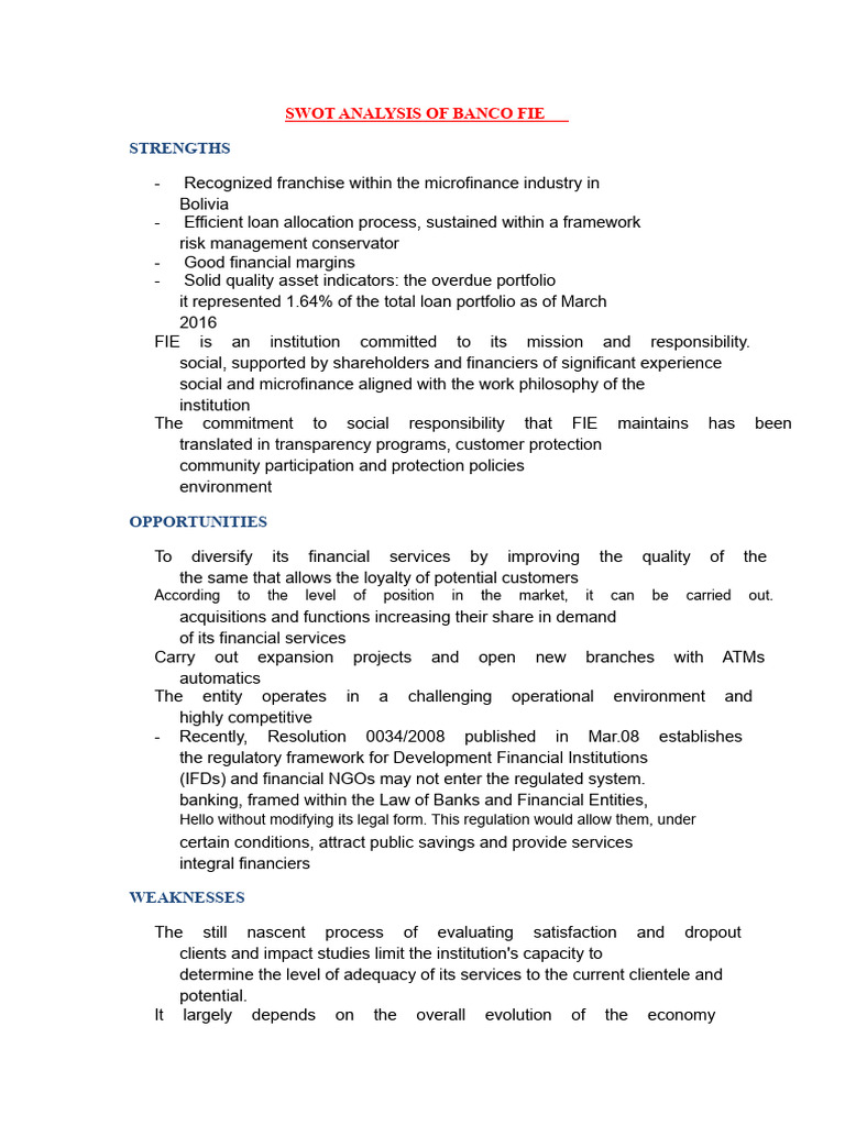 SWOT Analysis of Banco Fie | PDF | Microfinance | Mergers And Acquisitions