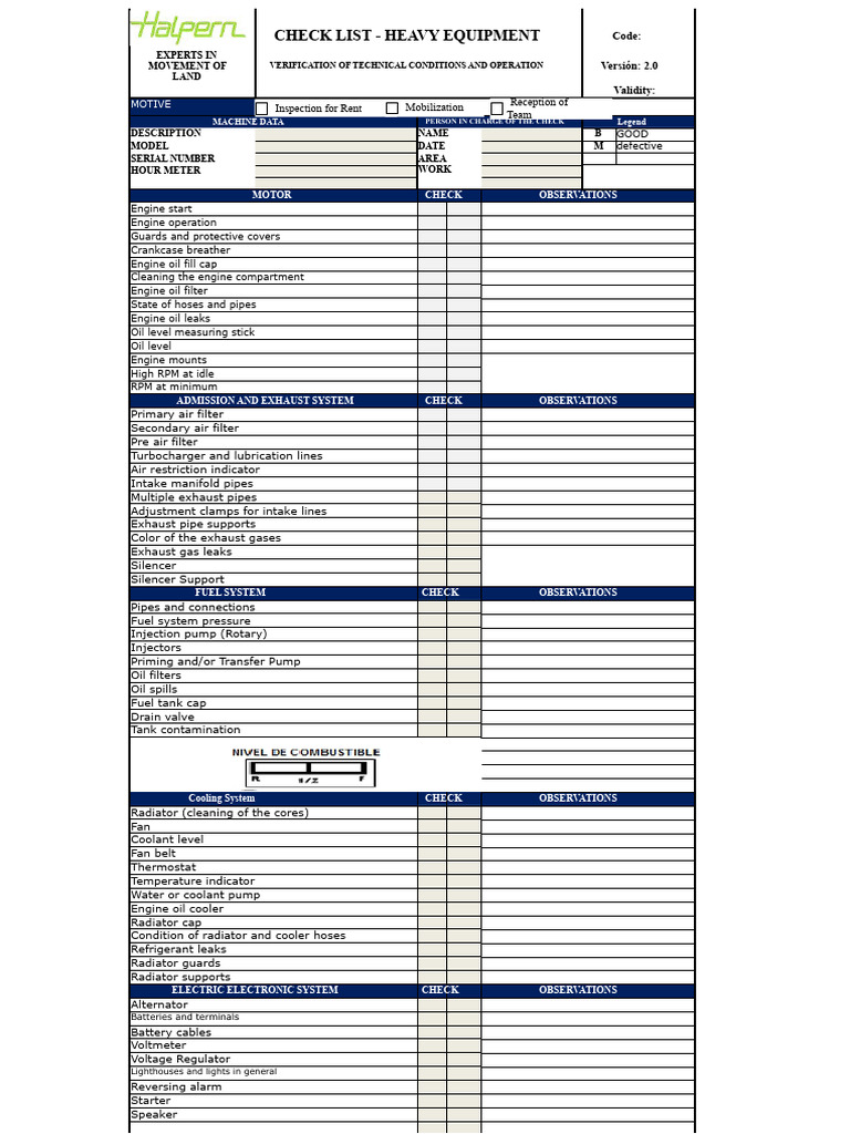 Heavy Equipment Inspection Checklist | PDF | Fuel Injection ...
