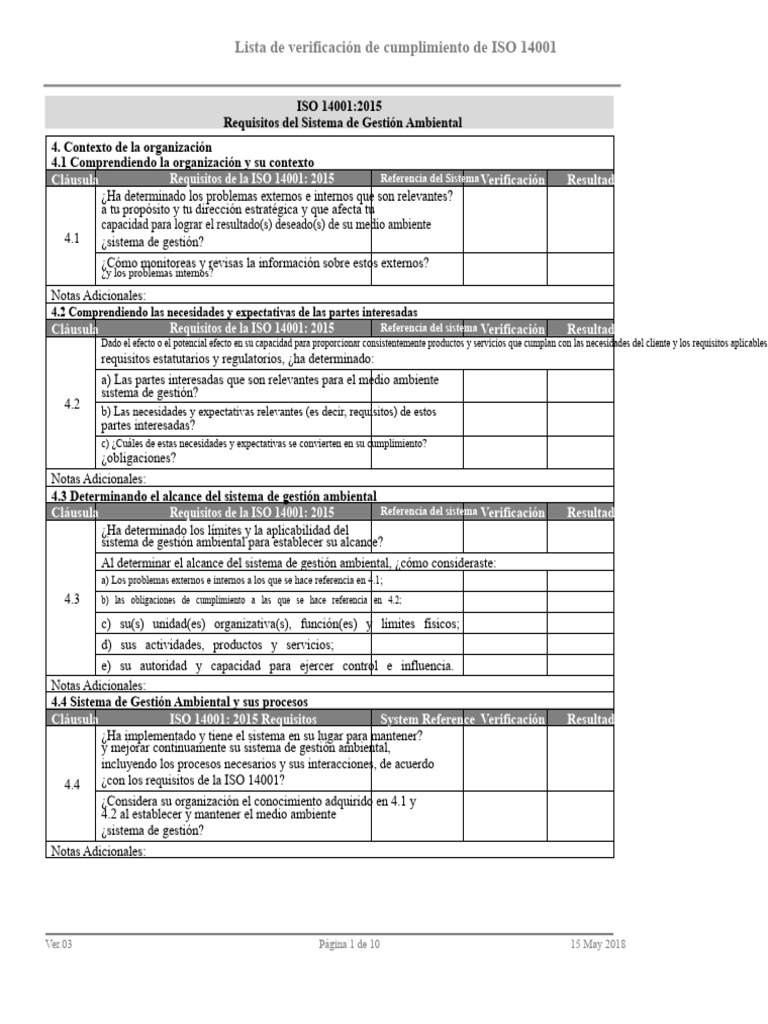 Checklist de Cumplimiento ISO 14001 | PDF | Política de medio ambiente ...
