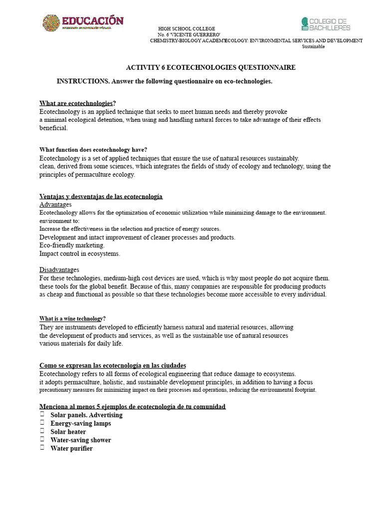 Act 6 Ecotechnology Questionnaire | PDF | Sustainability | Ecology