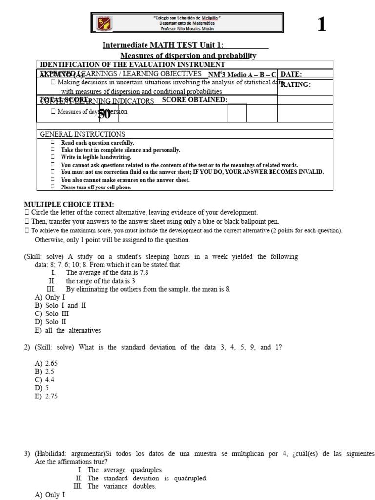Test 3rd Intermediate Common U1 | PDF | Standard Deviation | Variance