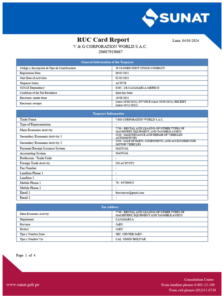 Ruc Card V& G Year 2024 | PDF | Receipt | Taxes