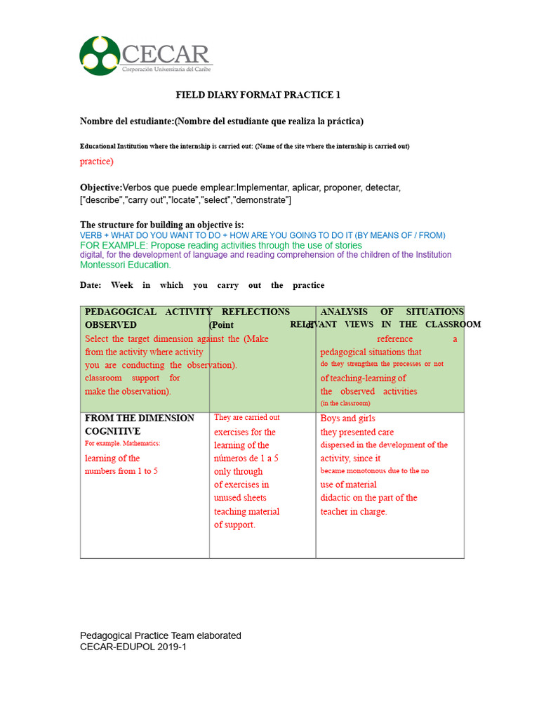CECAR FORMAT DAILY FIELD PRACTICE 1 Explained | PDF | Pedagogy ...