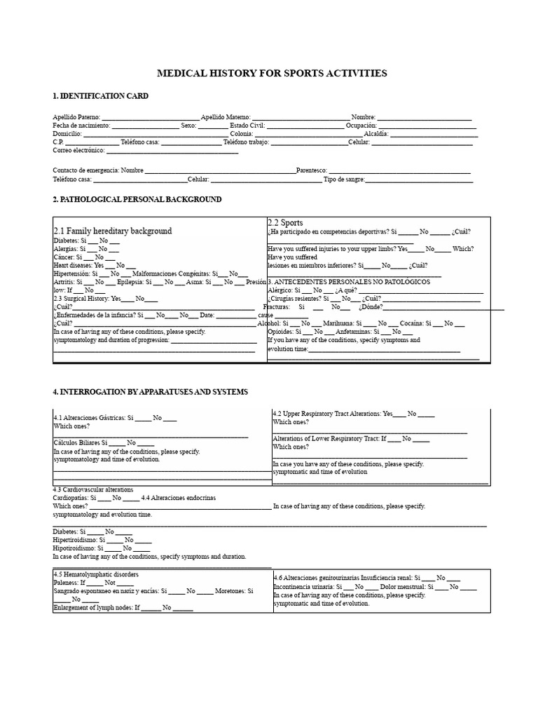 Sports Medical History Form | PDF | Diseases And Disorders | Human ...