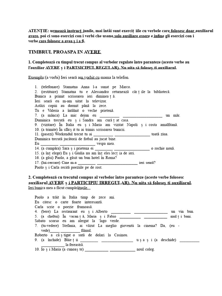 Exerciții de Recapitulare Pe Tema PERFECTULUI COMPUS | PDF