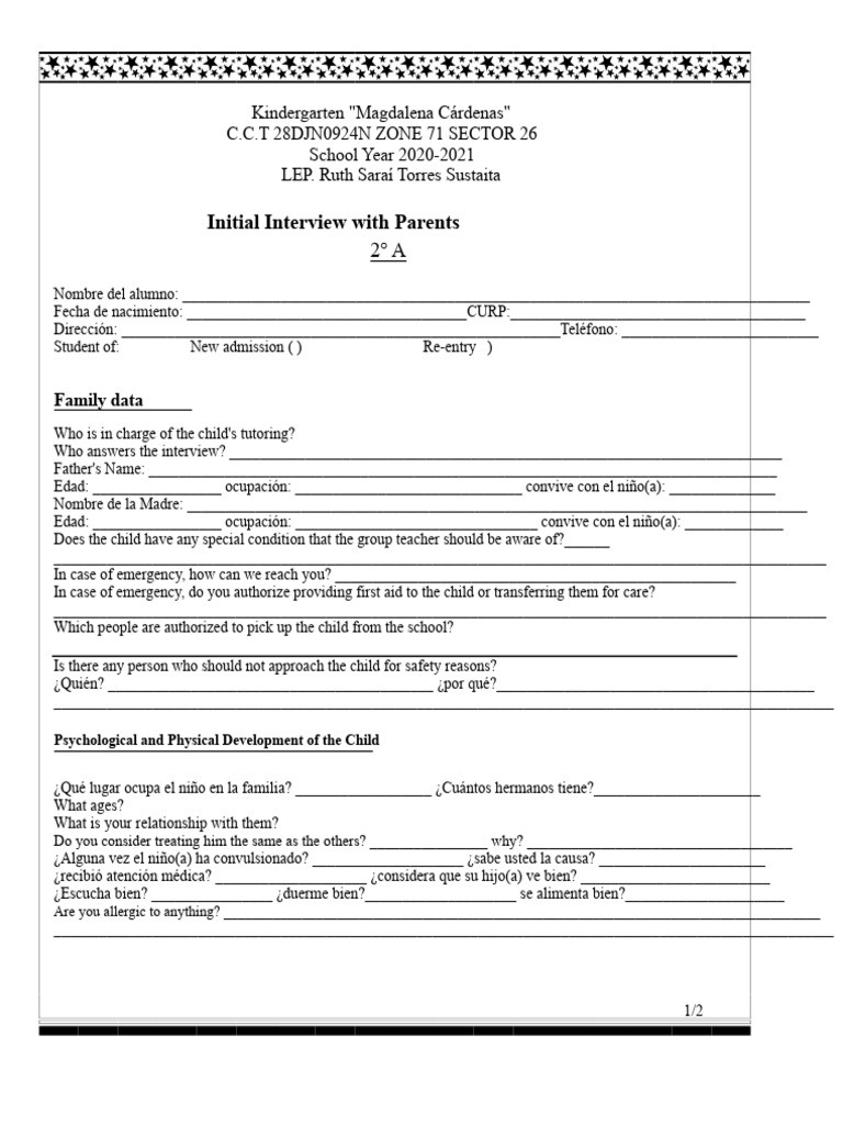 Kindergarten Parent Interview Form | PDF | Family | Human Life Stages