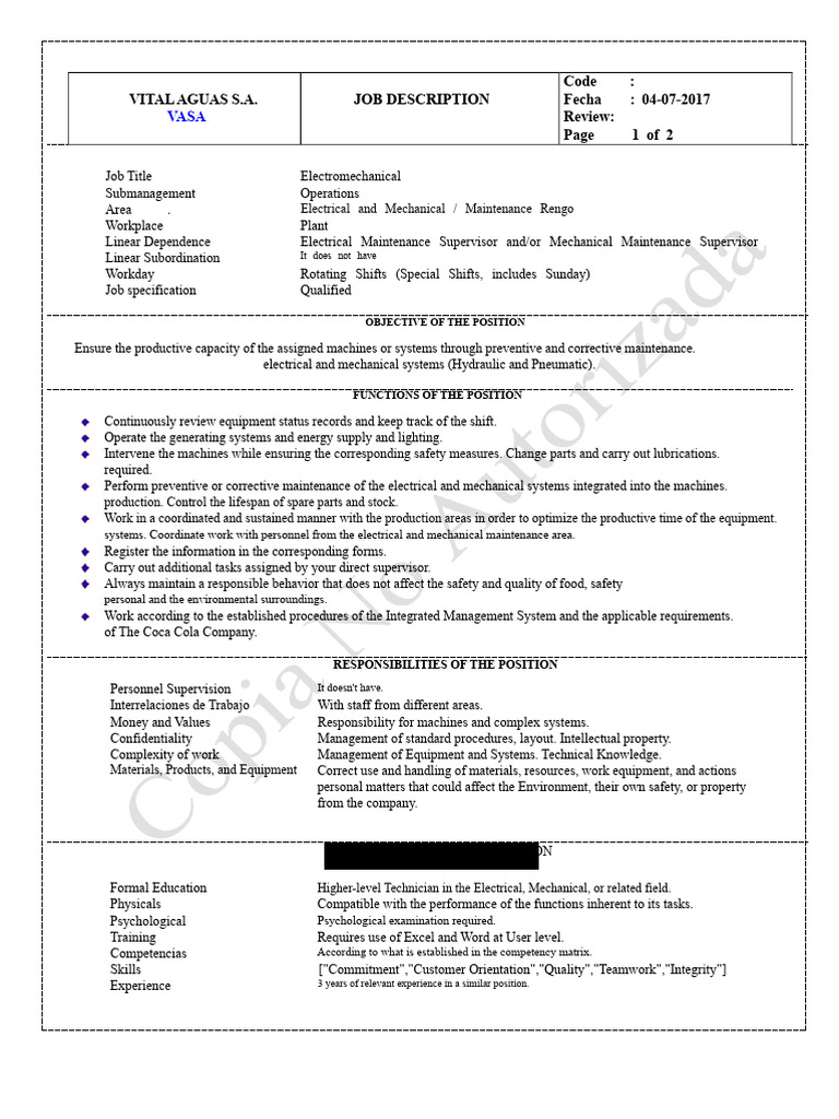 Electromechanical Operations Supervisor Job Description | PDF ...