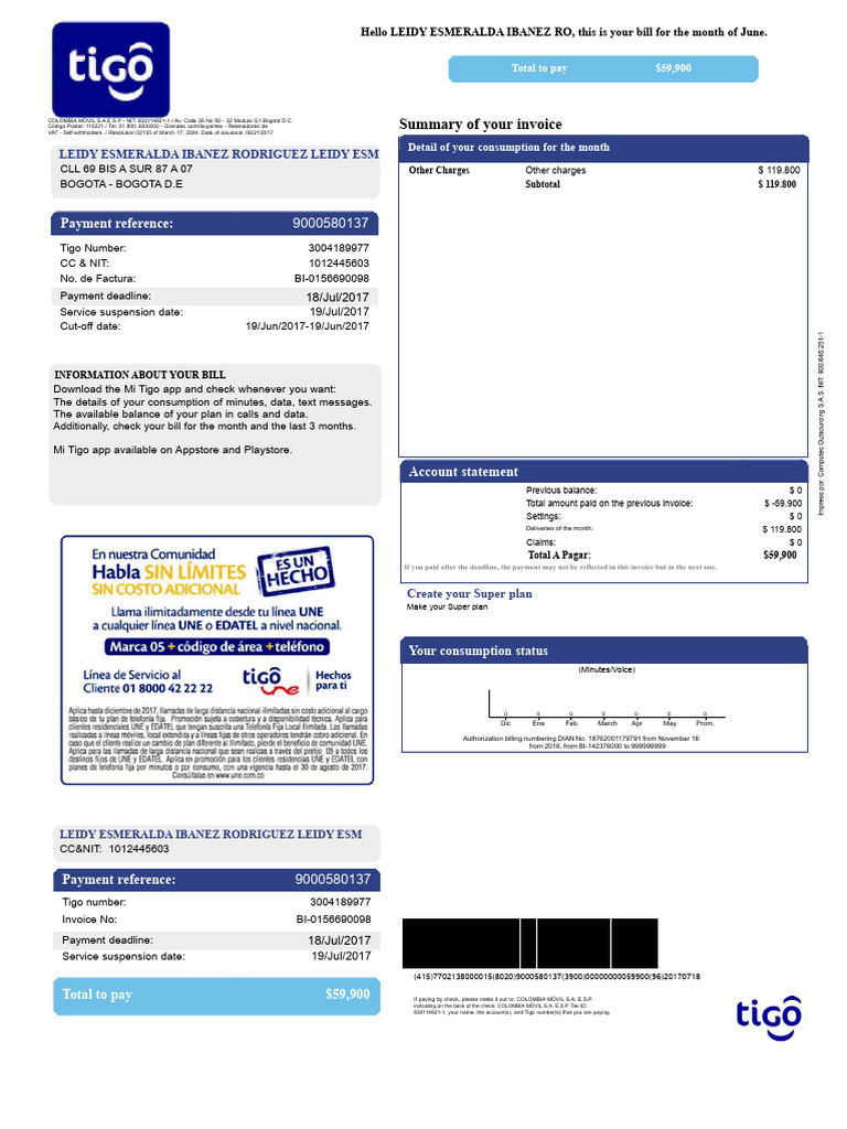 June Invoice for Leidy Ibanez - Tigo | PDF | Accounting | Business ...