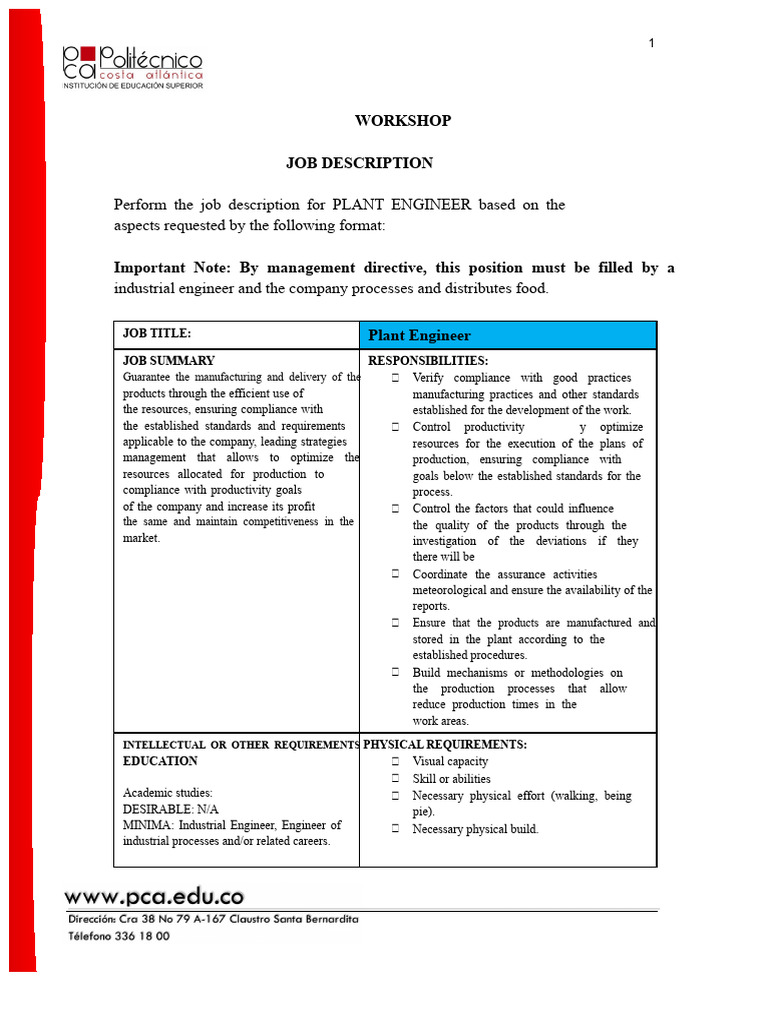 Job Description: PLANT ENGINEER | PDF | Occupational Safety And Health ...