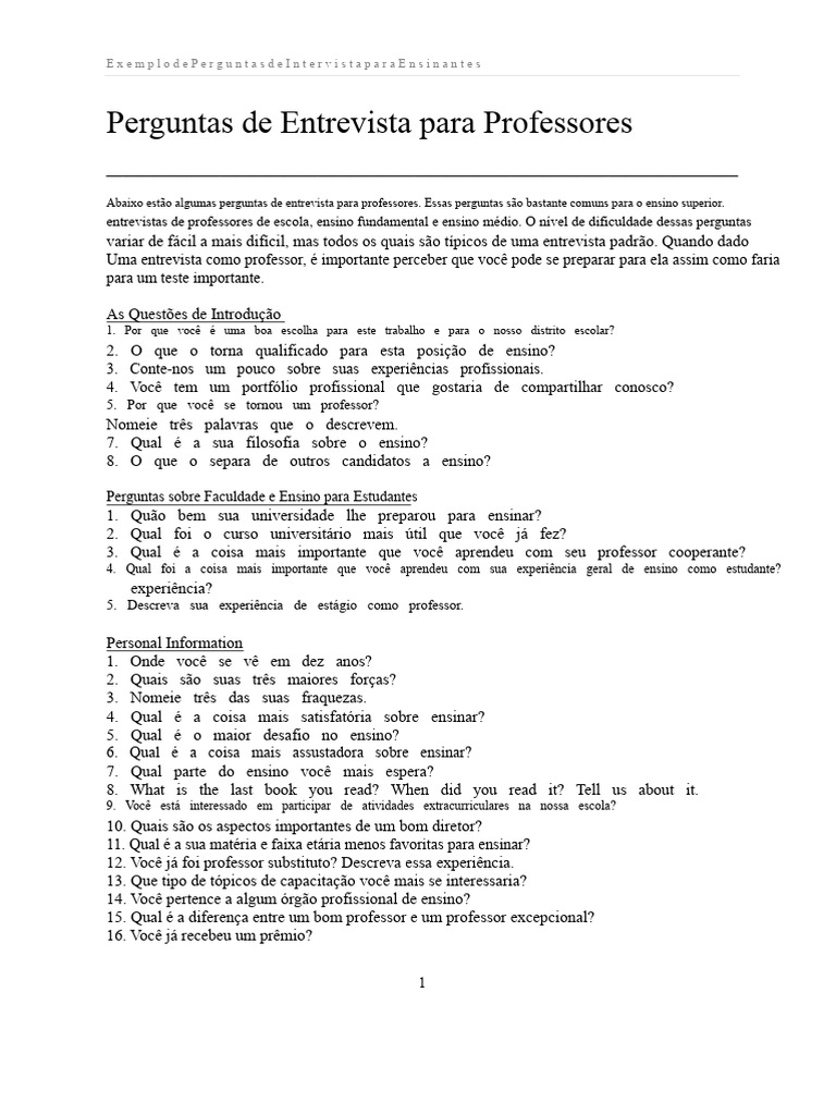 Perguntas Comuns em Entrevistas para Professores | PDF | Universidade ...