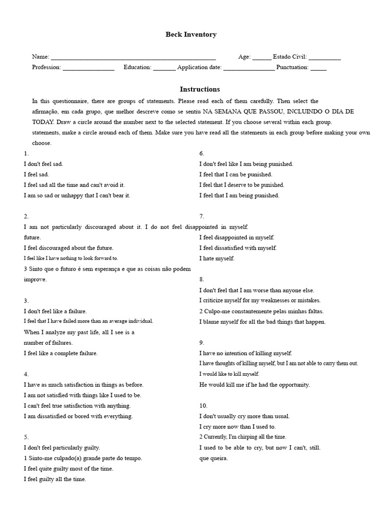 Beck Depression Inventory | PDF | Psychology