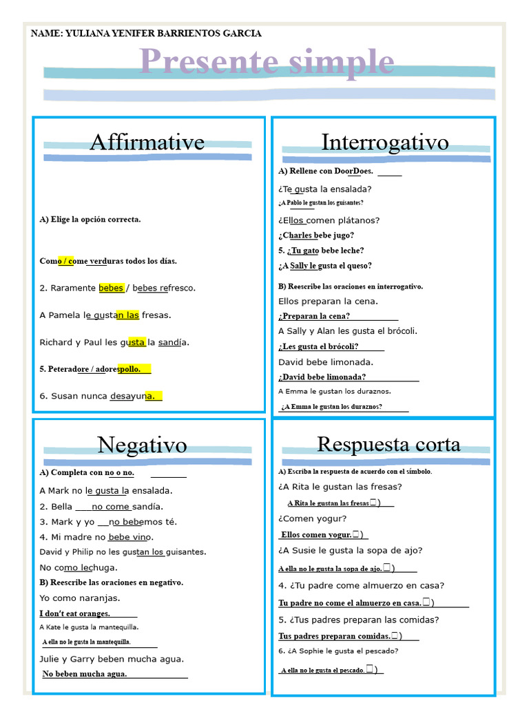 Ejercicios de Presente Simple en Inglés | PDF | Almuerzo | Cocina