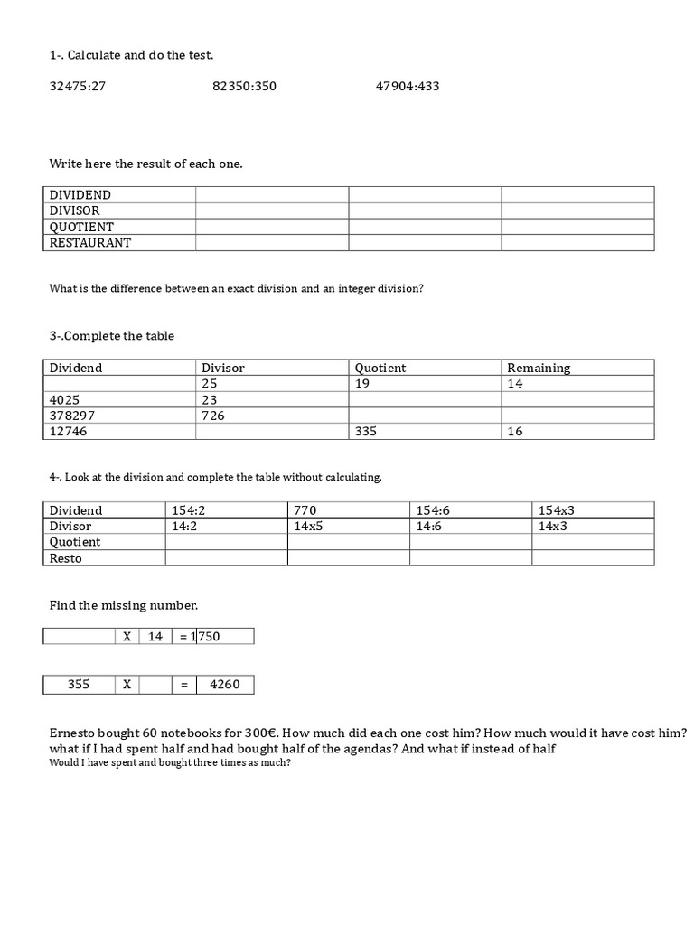 Division Problems and Calculations Guide | PDF | Division (Mathematics ...