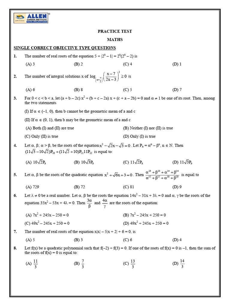 Maths Practice Test Questions | PDF | Zero Of A Function | Equations