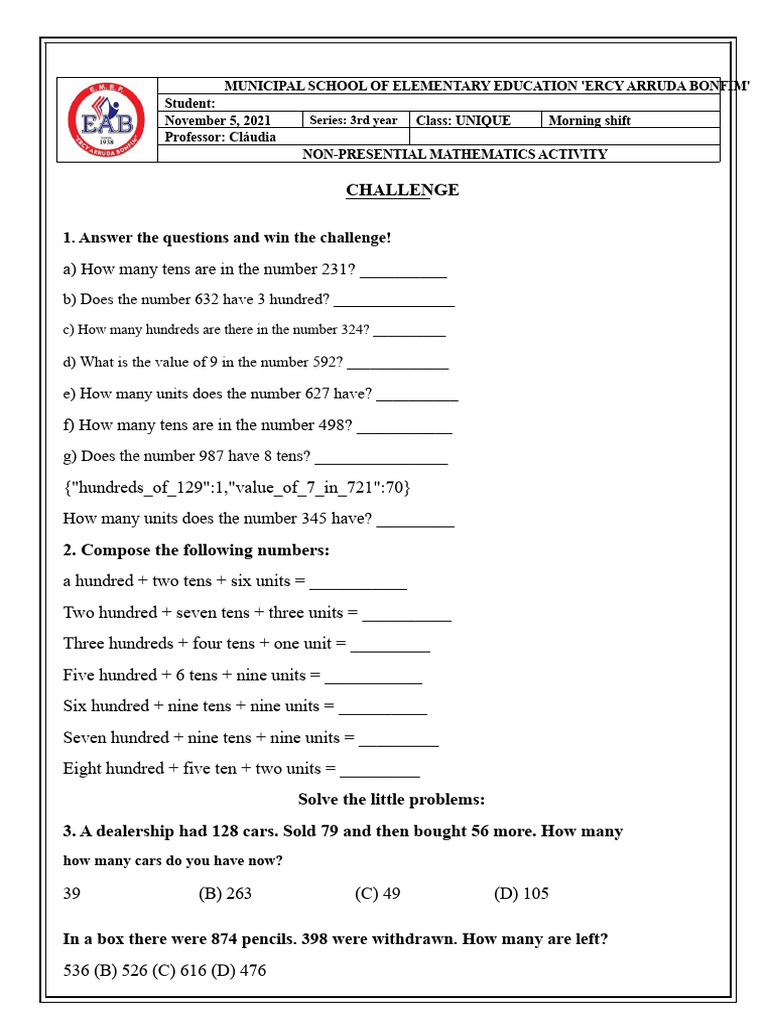 Non-Presential Math Activity for 3rd Year | PDF | Numbers | Mathematics