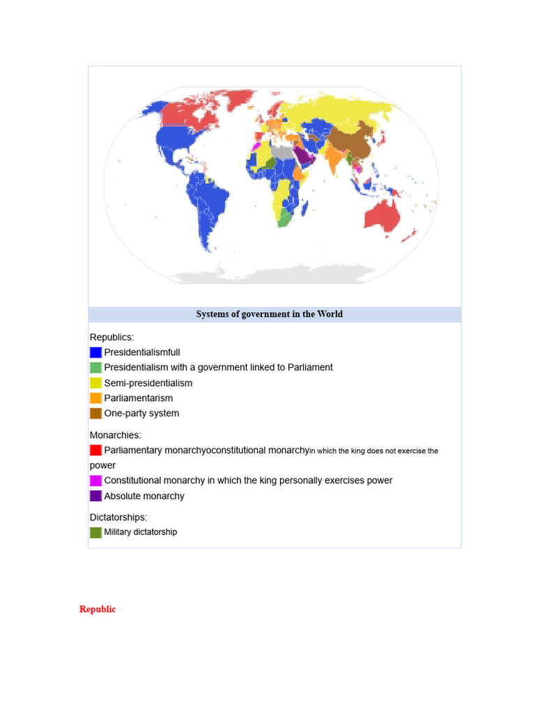 Government Systems in The World | PDF | Monarchy | Republic