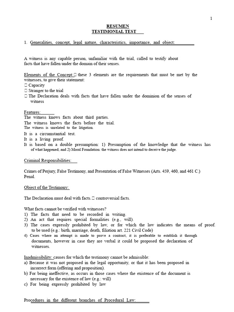 Testimonial Test Summary | PDF | Witness | Perjury
