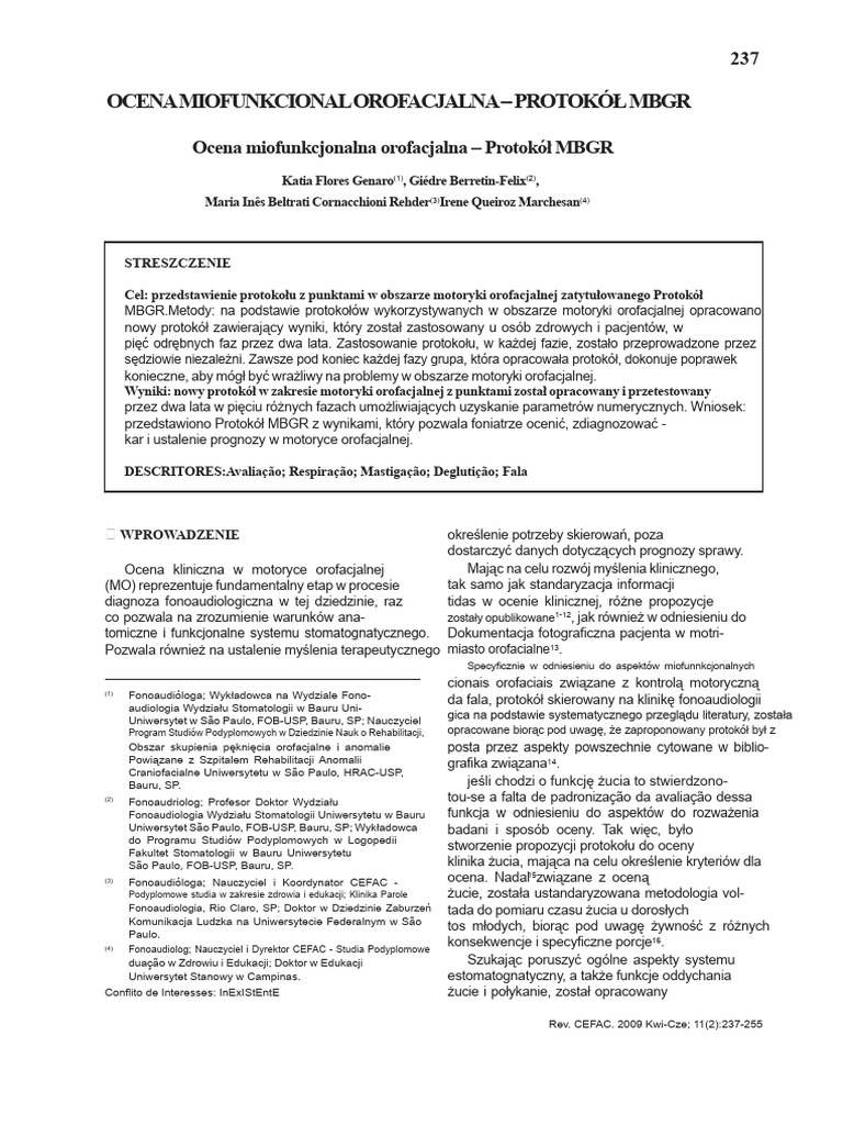 Ocena Miofunkcyjna Orofacjalna - Protokół MBGR | PDF