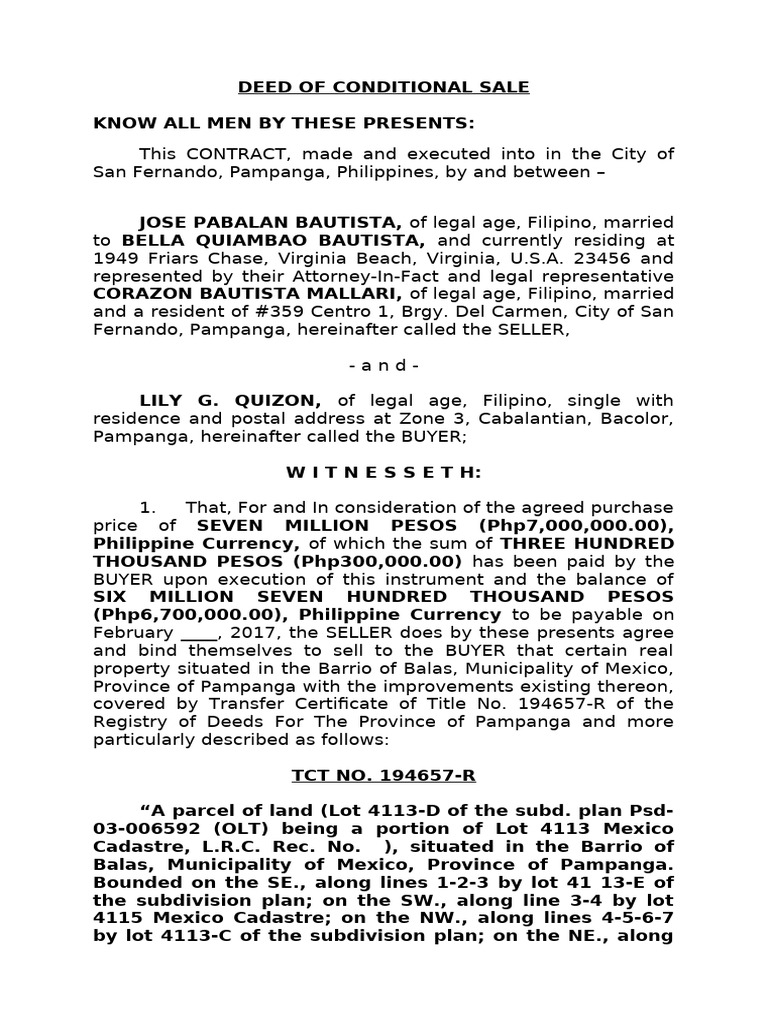Conditional Sale Deed in Pampanga | PDF | Common Law | Civil Law ...