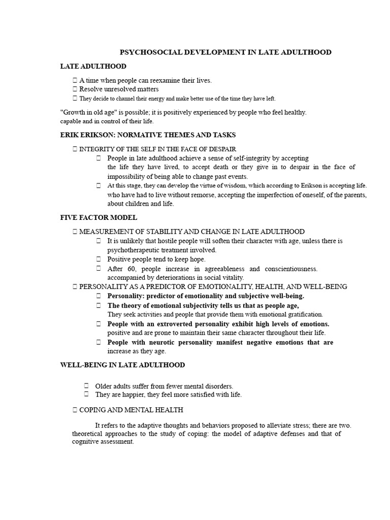 Psychosocial Development in Late Adulthood | PDF | Family | Well Being